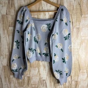 Willow & Wind Floral Square Neck Puff Sleeve Knit Sweater S Top Light Blue Women